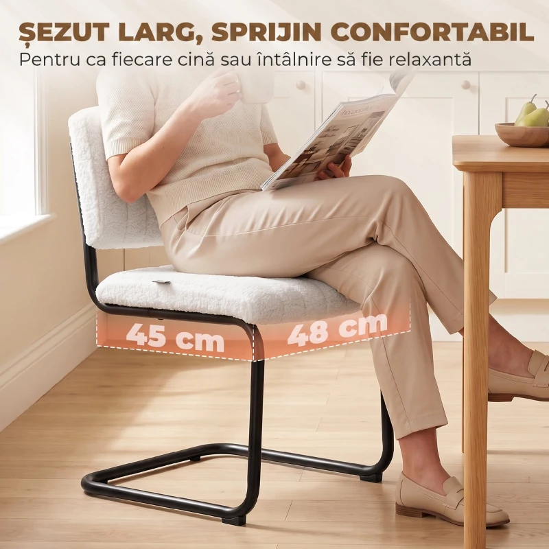 HOMCOM Set 2 Scaune de Dining Tapițate din Țesătură Teddy, Cadru Metalic Tip Sanie, Alb Crem