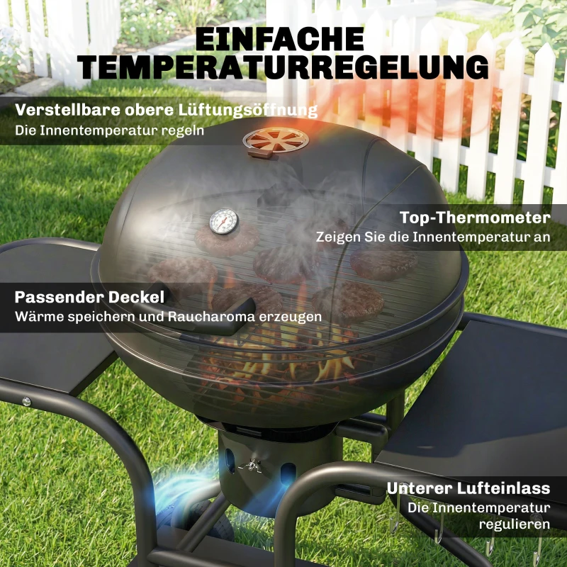 Outsunny Houtskoolbarbecue BBQ Smoker met zijtafels, dekselthermometer en wielen – 129 x 63,5 x 106,5 cm