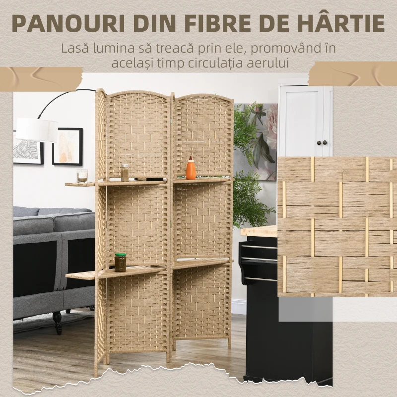 HOMCOM Paravan de interior cu 4 panouri pliabil și rafturi 160x170 cm, culoare naturală