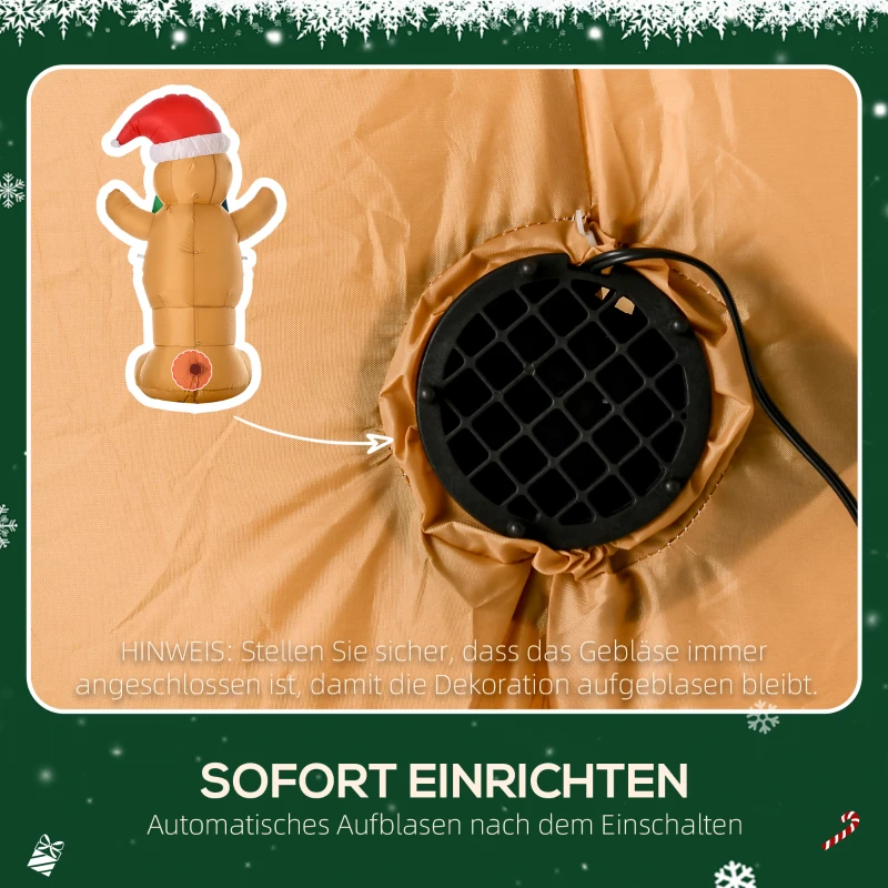 HOMCOM Opblaasbare kerstdecoratie 1,83 m – Peperkoekman met strik, 3 LED's en ingebouwde opblaspomp