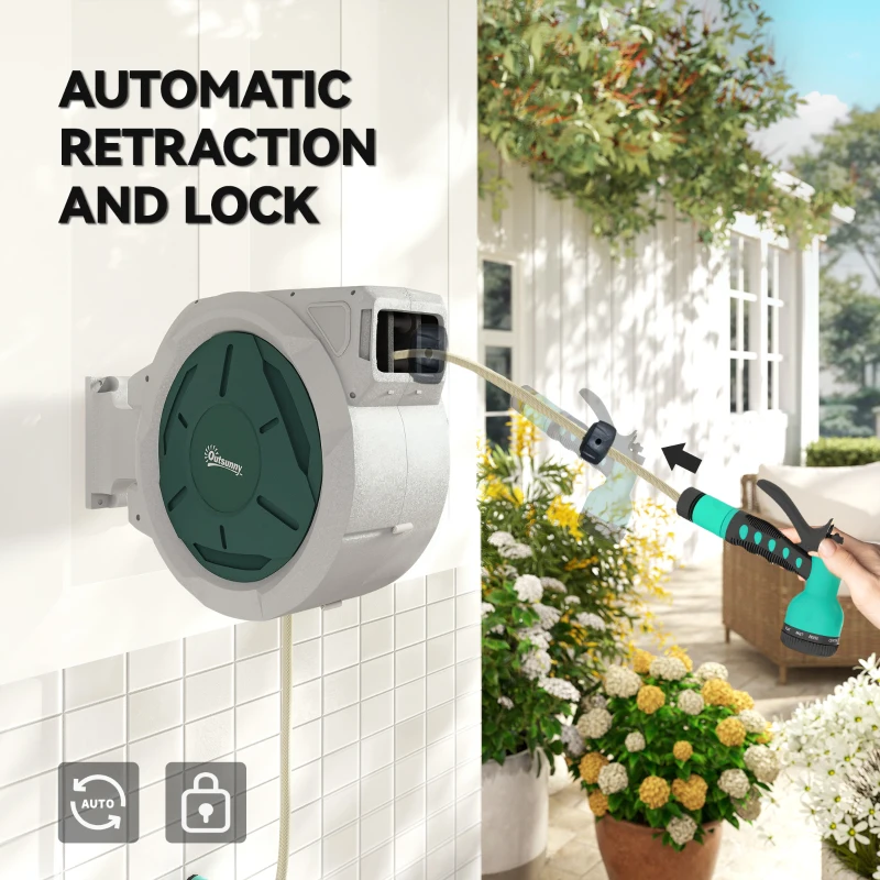 Outsunny Retractable Hose Reel Wall Mounted, 30+2m Garden Hose Pipe Reel with Lock, Auto Rewind, 7 in 1 Spray Nozzle, Includes Wall Fixings, 180° Swivel, Outdoor Watering, 59 x 23 x 42 cm, Grey
