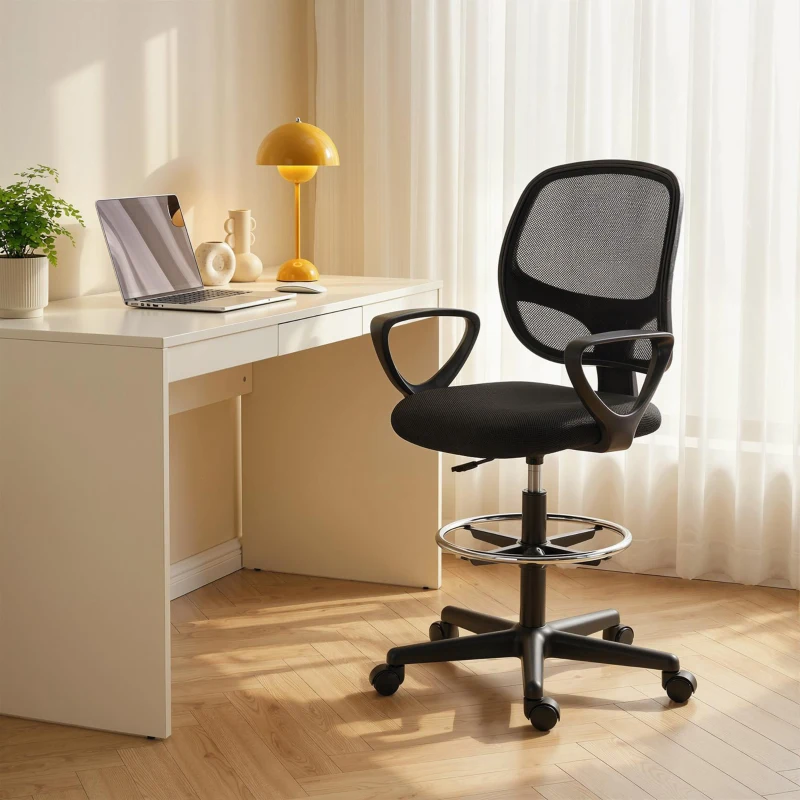 HOMCOM Chaise bureau ergonomique, fauteuil de bureau avec repose-pieds et accoudoirs, hauteur réglable, 59x58x103-123cm, noir