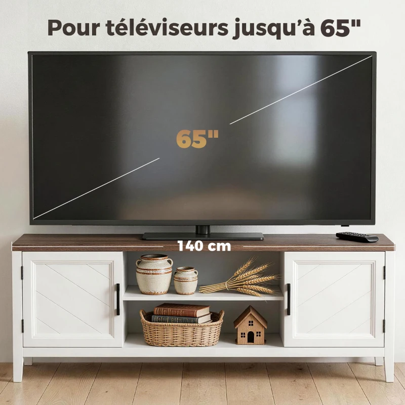 HOMCOM Meuble TV 140 cm, meuble télé pour téléviseur jusqu'à 65 pouces avec 2 portes, 2 compartiments ouverts, blanc et marron
