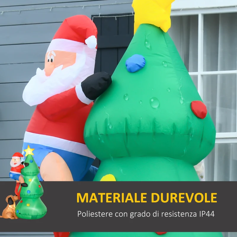HOMCOM Albero di Natale Gonfiabile 180cm con Babbo Natale, Cagnolino e Luci LED, Decorazione Natalizia da Esterno