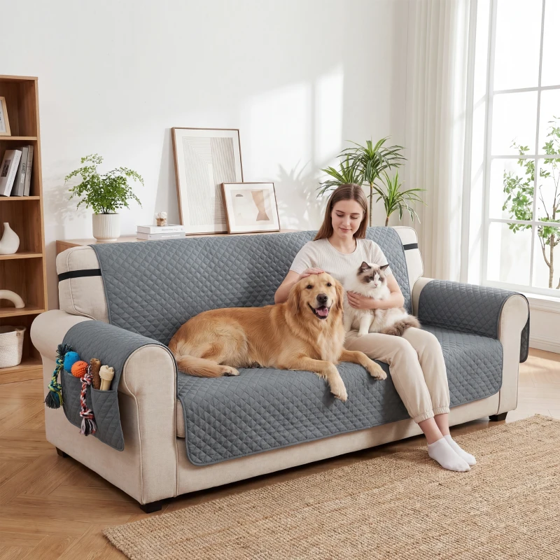 PawHut Housse de Canapé Protecteur de Meubles 3 Places Imperméable Anti-glisse avec Poches de Rangement Gris