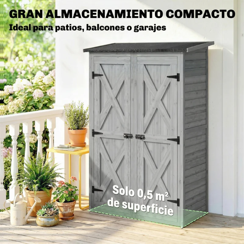 Outsunny Caseta de Jardín de Madera 115x53x156 cm Armario para Herramientas con Puertas Dobles y Estantes Techo Inclinado Gris