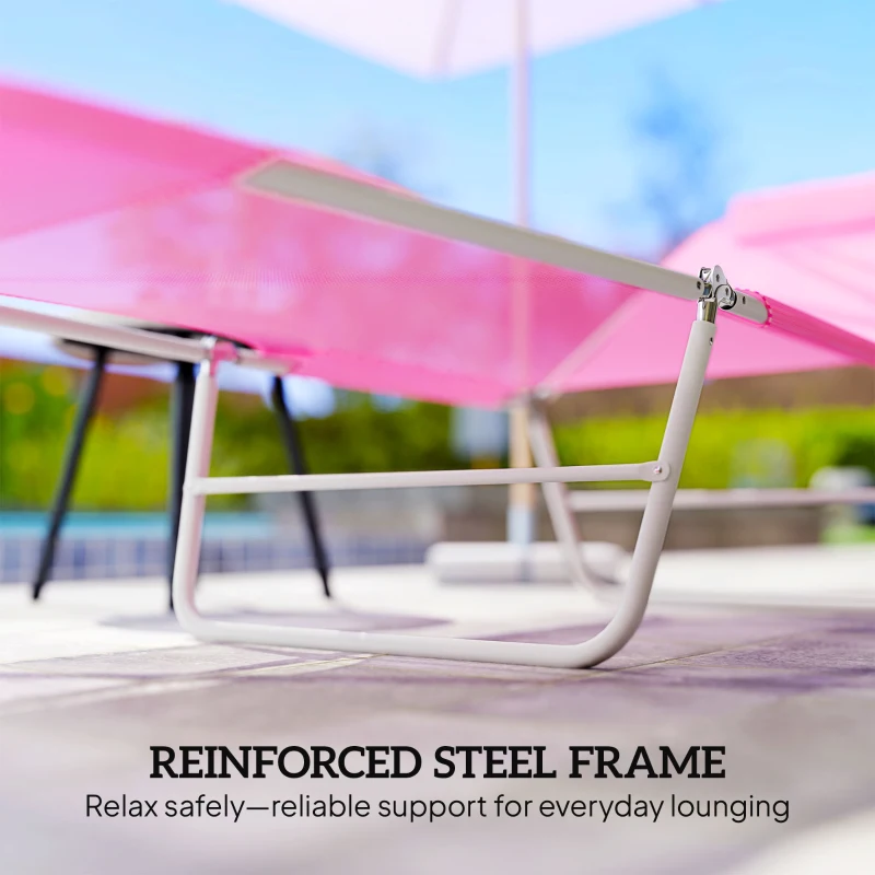 Outsunny Folding Sun Lounger with Head Pillow - Pink