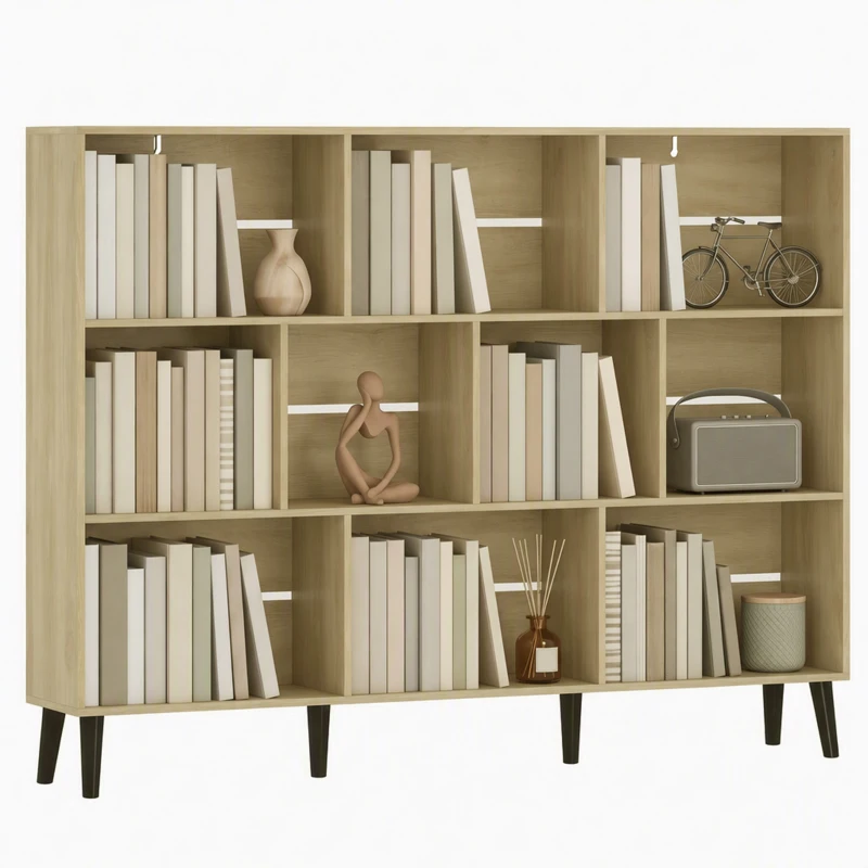 HOMCOM 10-Cube Bookcase, 3-Tier Book Shelf with Solid Wood Legs, 140 cm Modern Bookshelf with Anti-Tip Kit, Oak
