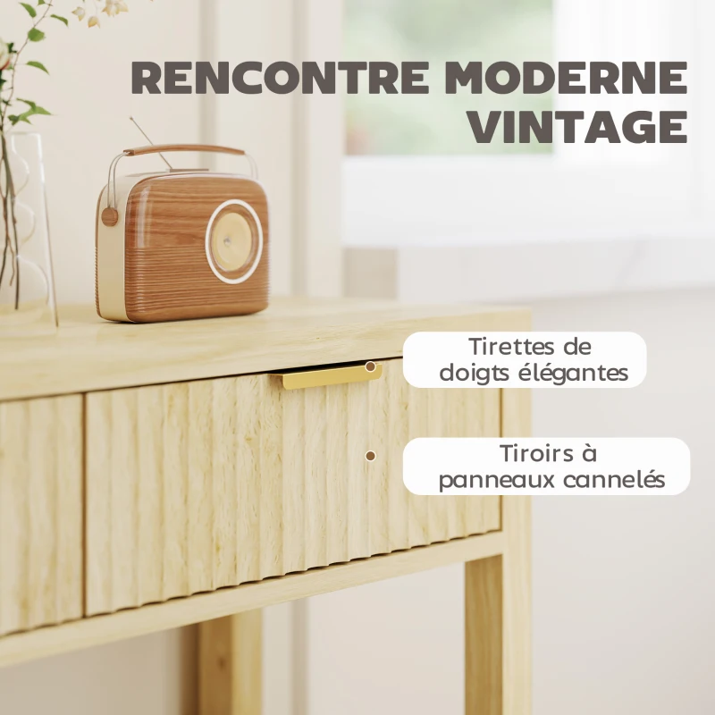 HOMCOM Console meuble 90 cm, table console étroite avec 2 tiroirs rainurés et étagère, style moderne, bois naturel
