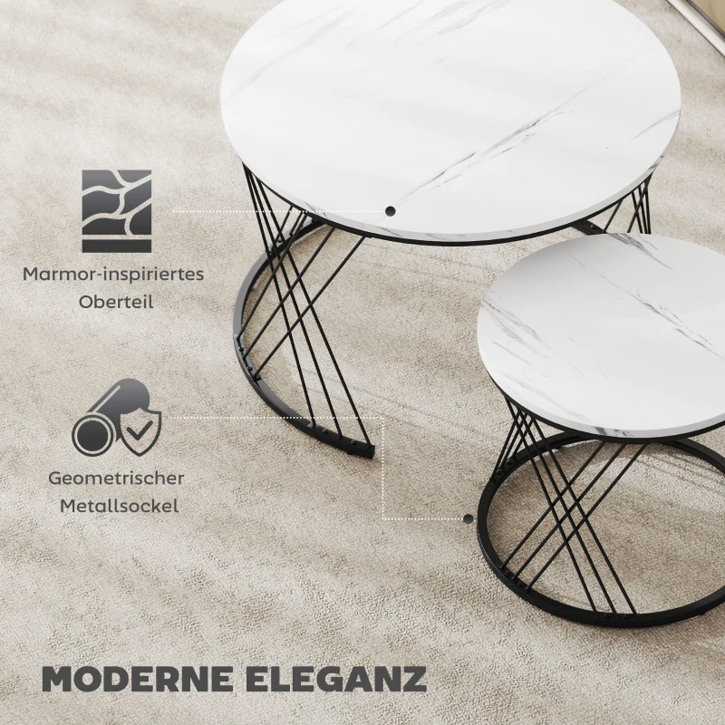 HOMCOM Set van 2 Salontafels, Marmerlook, Spaanplaat, Metaal, Ronde Koffietafels voor Woonkamer, In elkaar te plaatsen, Wit