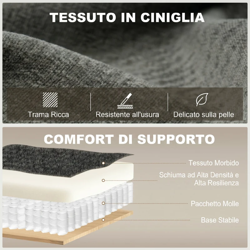 HOMCOM 3 in 1 Divano Letto 2 Posti con Schienale Regolabile in 3 Posizioni con 2 Cuscini, in Ciniglia, Grigio Scuro