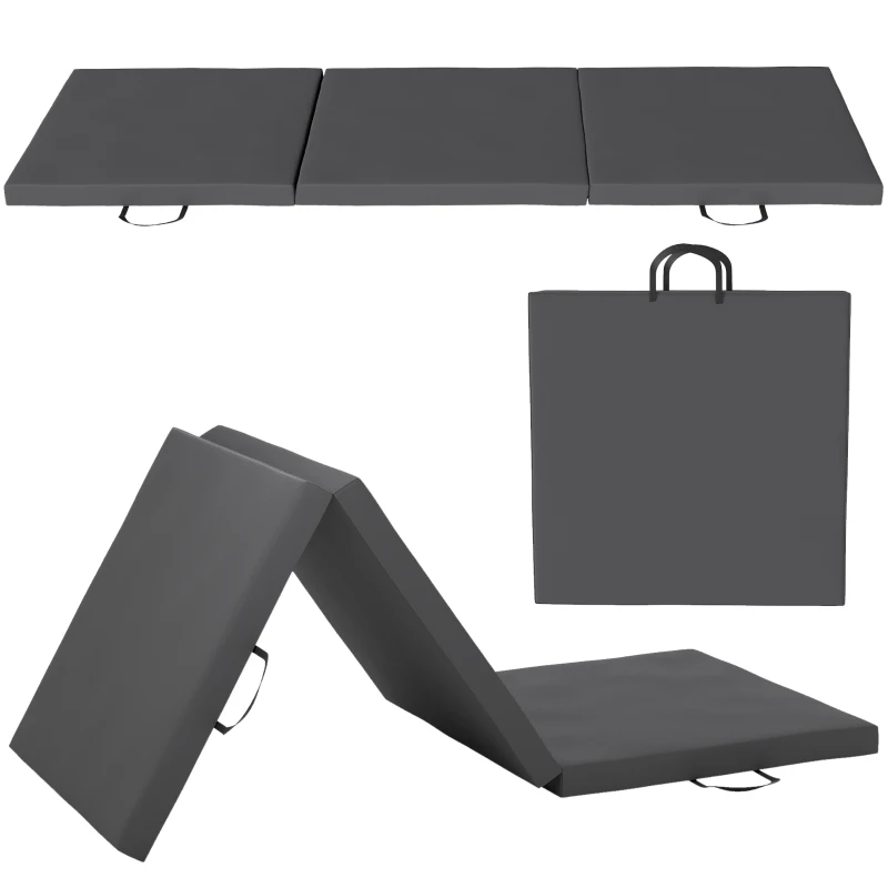 HOMCOM Tapis de gymnastique yoga pilates fitness pliable en 3 panneaux avec poignées revêtement synthétique 180 x 60 x 5cm gris