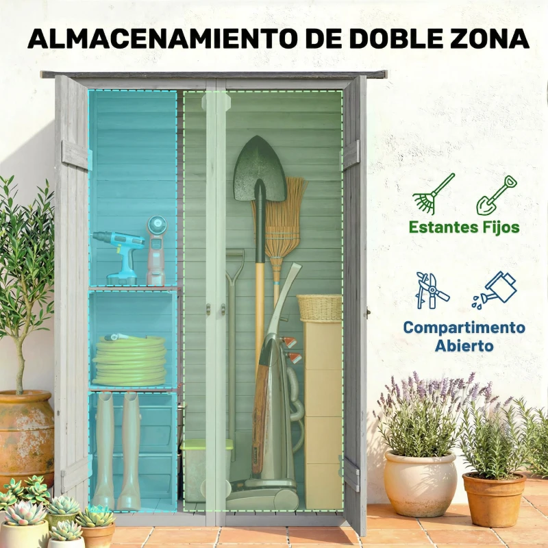 Outsunny Caseta de Jardín de Madera 115x53x156 cm Armario para Herramientas con Puertas Dobles y Estantes Techo Inclinado Gris