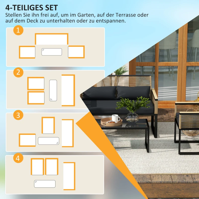 Outsunny Polyrattan Tuinmeubelset voor 4 Personen, Weerbestendig Balkonmeubelset met Tweezitsbank, 2 Stoelen, Glazen Tafel en Zitkussens Zwart