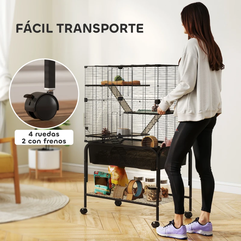 PawHut Jaula para Animales Pequeños de 4 Niveles con Ruedas Bandeja Profunda Rampas Plataformas y Comedero 73x47x123 cm Negro