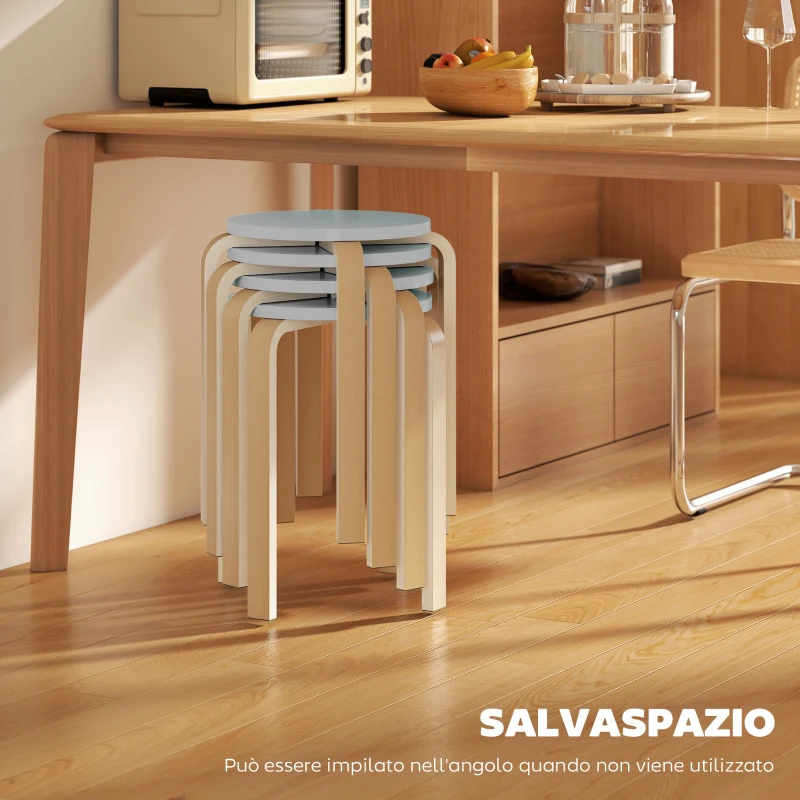 HOMCOM Set 4 Sgabelli Rotondi Impilabili in Legno Grigio, Ø40x45 cm