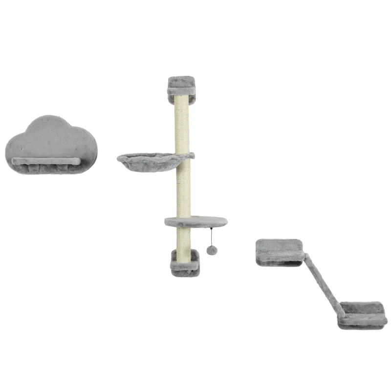 PawHut Juego de Pared de Escalada para Gatos de 3 Piezas con Hamaca Rampa con Rascador Plataforma en Forma de Nube Gris