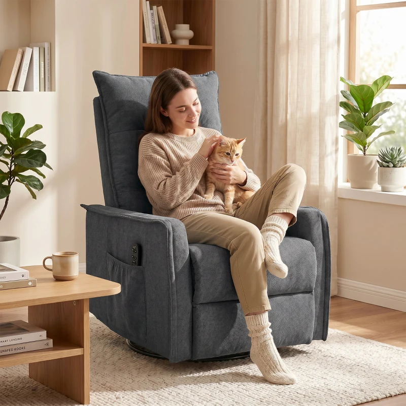 HOMCOM Recliner Armchair, Chenille Recliner Chair with Massage and Heat, 360° Swivel Rocking Manual Recliner, Dark Grey