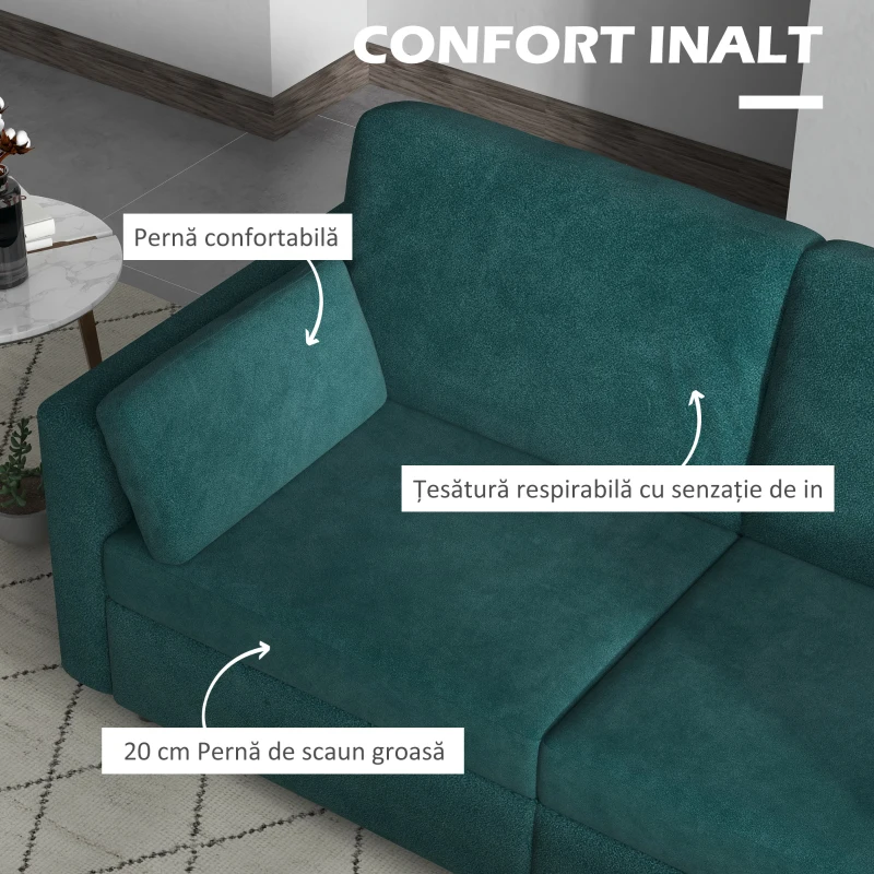HOMCOM Canapea cu 3 Locuri din Catifea, cu Perne și Șezut Capitonat, 178x82x85cm, Verde Închis