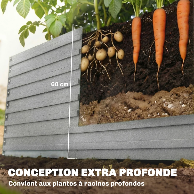 Outsunny Jardinière extérieure, jardinière surélevée galvanisée bordure de sécurité et fond ouvert 240 x 120 x 60 cm gris argenté