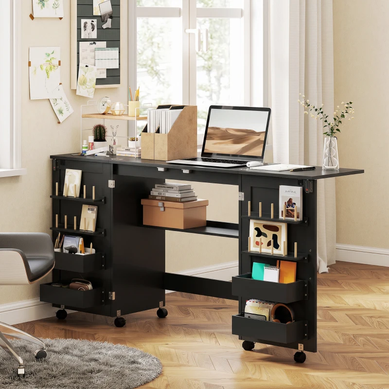 HOMCOM Table de couture pliante, meuble couture à roulettes, 2 portes magnétiques, 4 bacs, 20 crochets, 160x40x83cm, noir