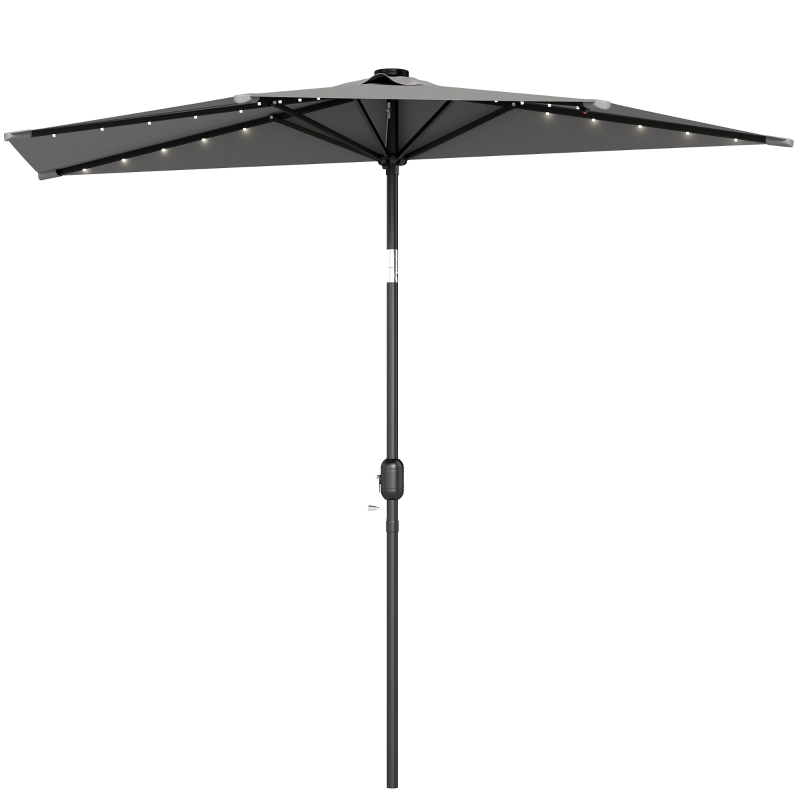 Outsunny 2.6 m Half Garden Parasol with Solar LED Lights, UPF50+ Semi Round Umbrella with 30° Tilt, Crank Handle, Dark Grey