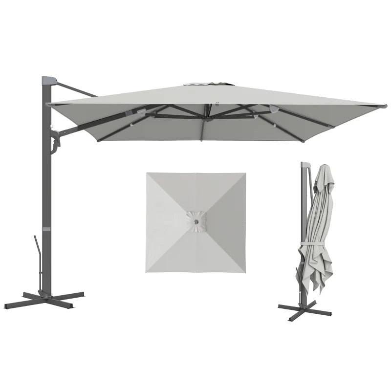 Outsunny Ombrellone a Sbalzo con Manovella e Base a Croce, in Poliestere, Alluminio e Metallo, 365x297x256 cm, Grigio Chiaro