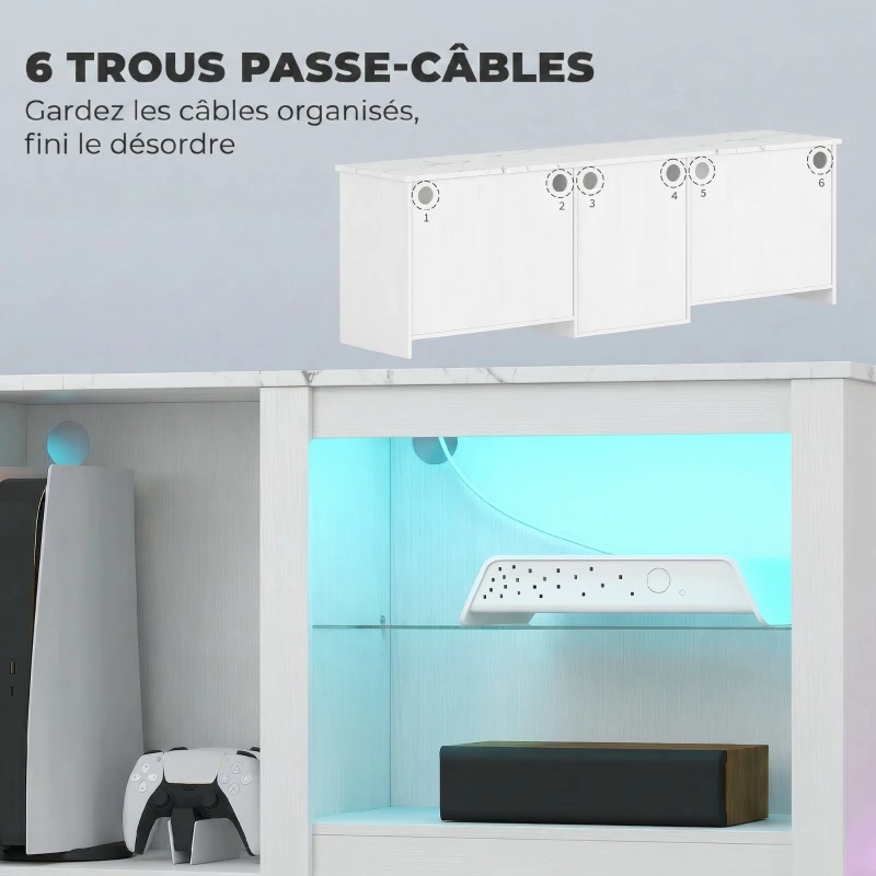 HOMCOM Meuble TV avec éclairage LED pour télévision jusqu'à 70 pouces, 160cm avec étagères en verre réglables, blanc