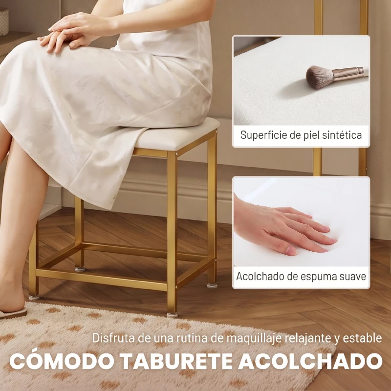 HOMCOM Tocador de Maquillaje con Espejo Luces LED Taburete 5 Cajones 2 Compartimentos y 2 Estantes de Cristal Blanco