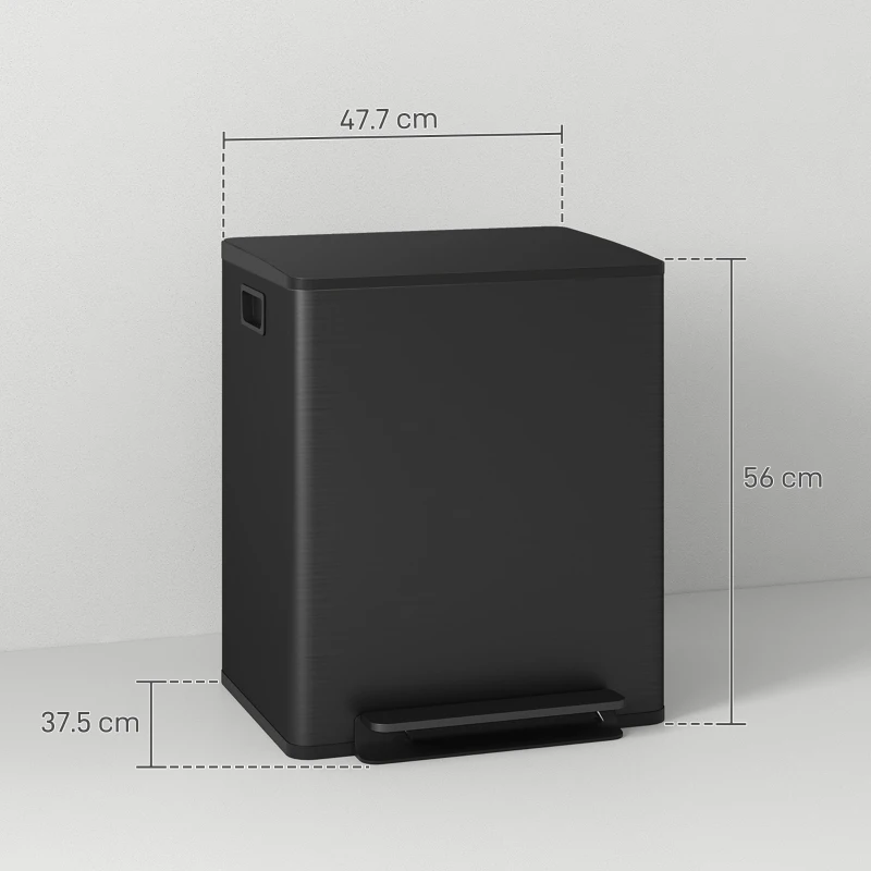 HOMCOM 50L Dual Compartment Stainless Steel Bin, with Deodoriser Holders - Black