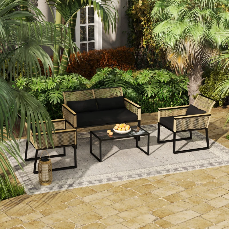 Outsunny Polyrattan Tuinmeubelset voor 4 Personen, Weerbestendig Balkonmeubelset met Tweezitsbank, 2 Stoelen, Glazen Tafel en Zitkussens Zwart