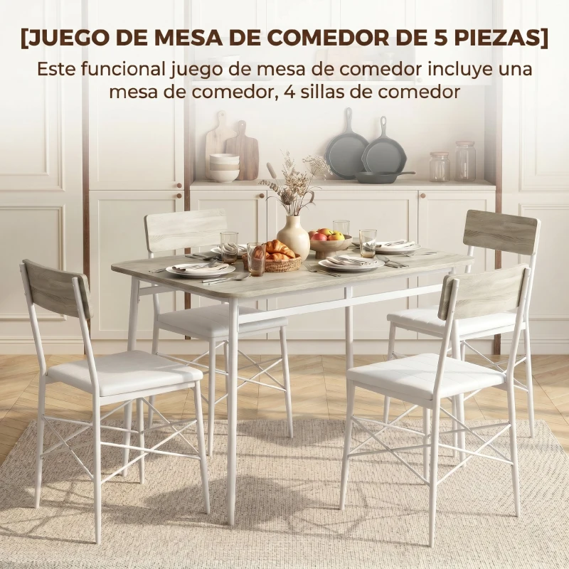 HOMCOM Juego de Mesa y Sillas de Comedor 5 Piezas Mesa de Cocina Rectangular con 4 Sillas Acolchadas 106x66x75 cm Roble