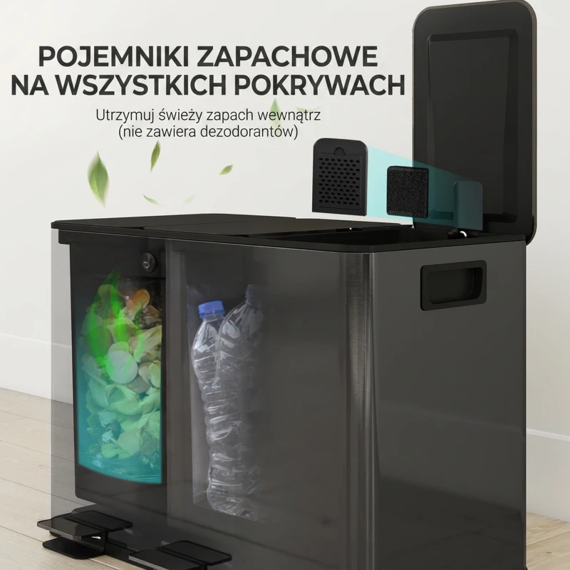 HOMCOM Kosz na śmieci z 3 komorami 20L, pokrywy z odświeżaczem, odporny na odciski palców, funkcja Soft-Close, wyjmowany, czarny
