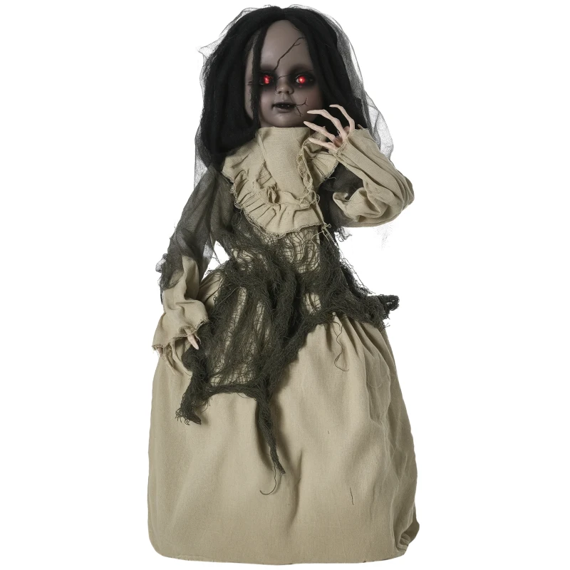 Outsunny Halloween-decoratie van 83 cm Bewegende spookpop met speciale effecten en geluidsfunctie, rode ogen met kroonluchters, gemotoriseerde wielen, horrorpop