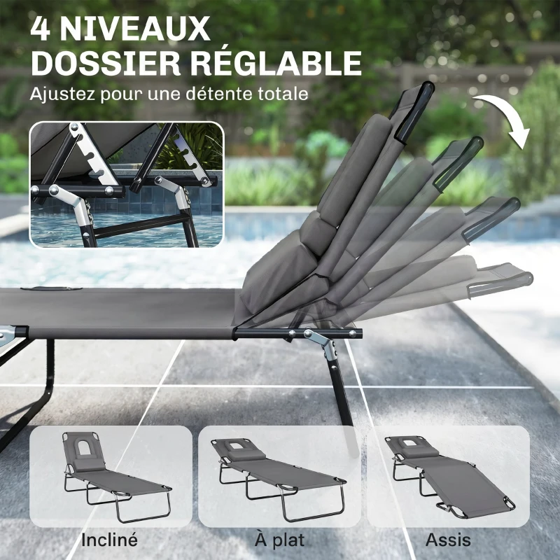 Outsunny Bain de Soleil Pliable transat inclinable 4 Positions Chaise Longue 3 Coussins fournis Gris