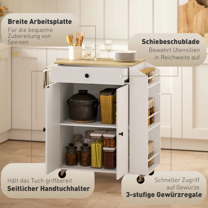 HOMCOM Küchenwagen mit Schublade, Schrankfach, Gewürzregal, Handtuchstange,  82 x 38 x 86,5 cm, Weiß/Eiche