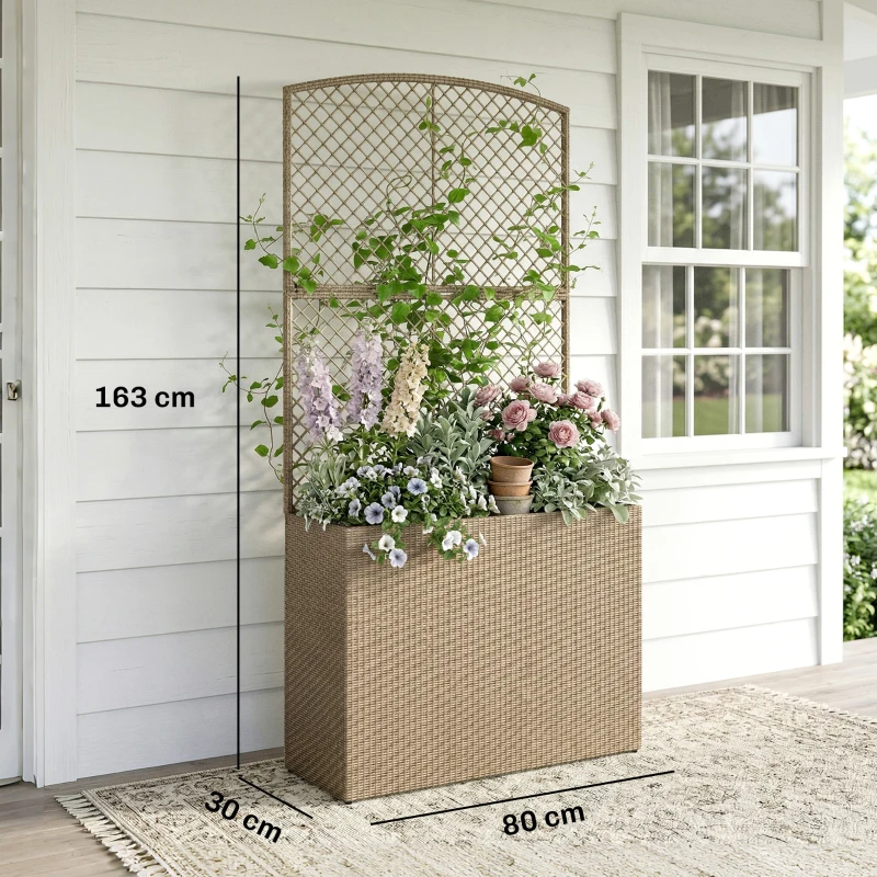 Outsunny Rattan Planter with Trellis, Raised Beds for Garden with Liner for Climbing Plants Vegetables Flowers, Light Grey