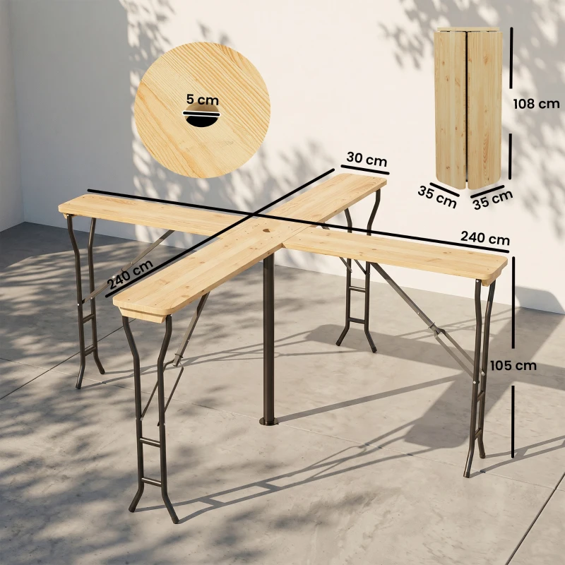 Outsunny Picknicktafel, Opvouwbare Buitentafel, voor 20 Personen, Weerbestendig, Metaal, Grenenhout, 2,4x2,4x1m, Natuur/Zwart