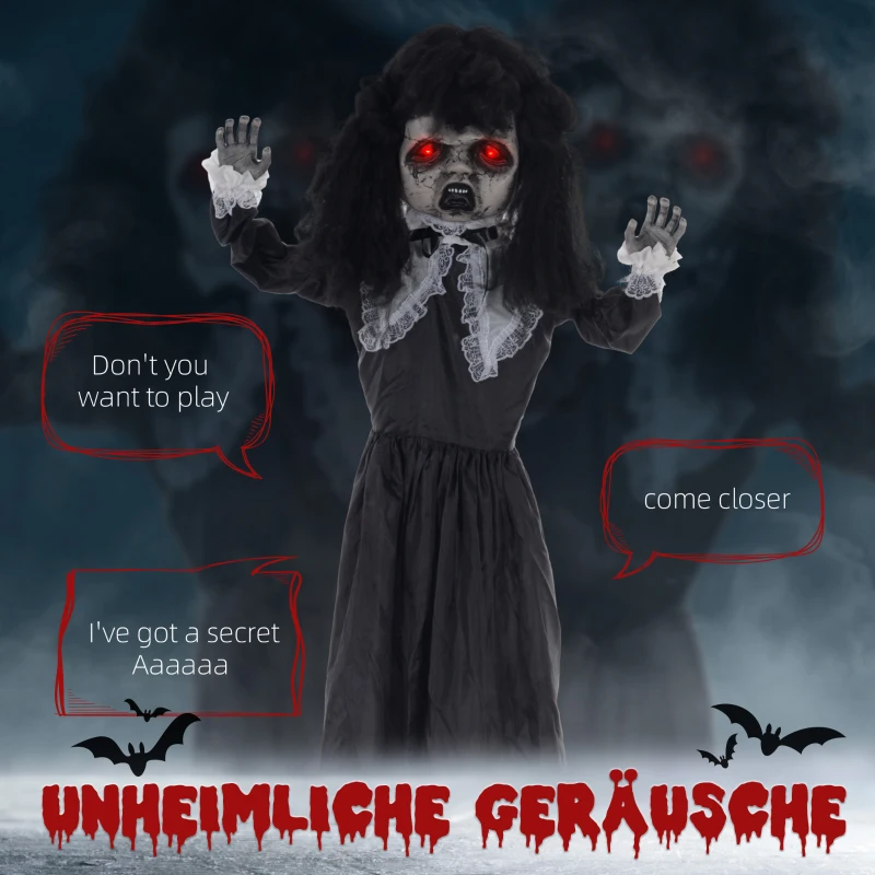 HOMCOM Horrorpop, Halloweenversiering, griezelige stem & muziek, rode ogen, beweeglijk, 160 cm