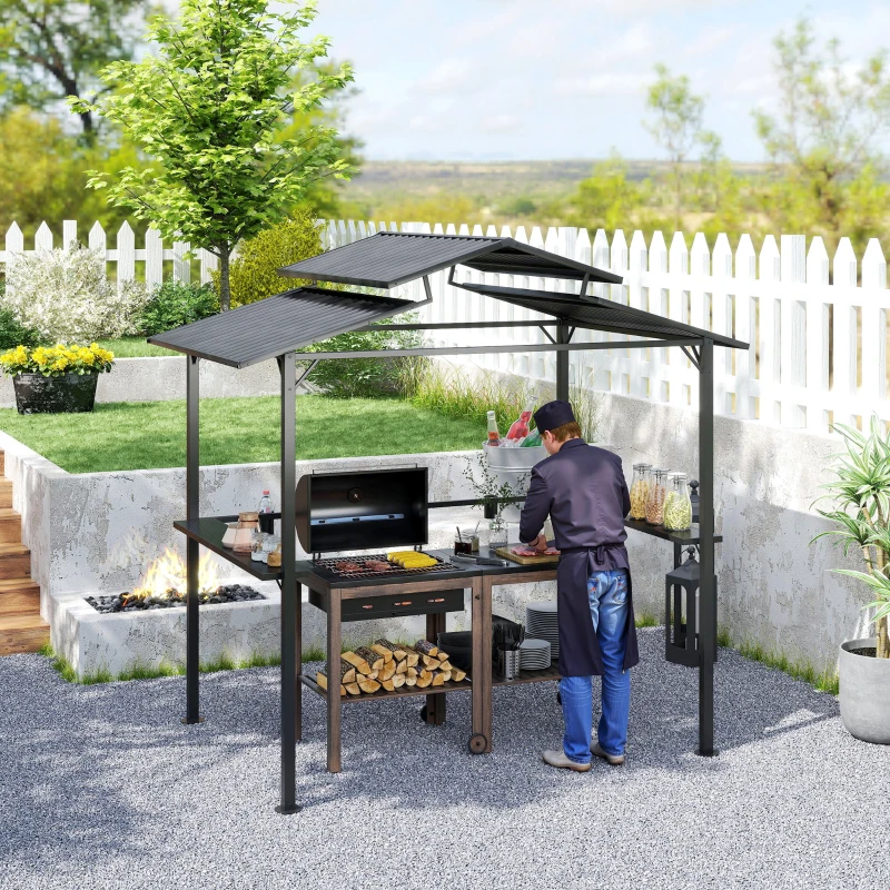 Outsunny Grillpaviljoen 250 x 160 x 250 cm Waterdicht Tuinpaviljoen met Dubbellaagdak en Zijplanken, Zwart
