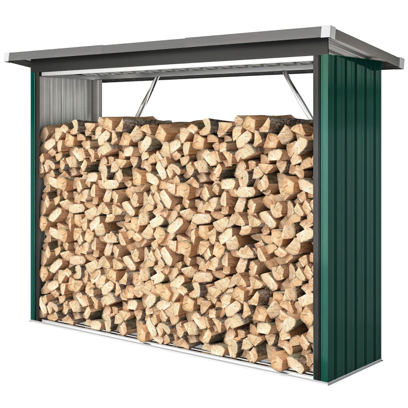 Outsunny Casetilla para Leña de Acero Galvanizado con Base Elevada y Techo Inclinado 213x66,5x150 cm Verde