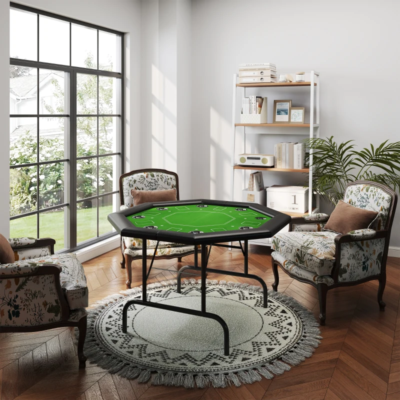 SPORTNOW 8 Player Folding Poker Table, Portable Octagon Blackjack Table with Cup Holders, Padded Edge, Green