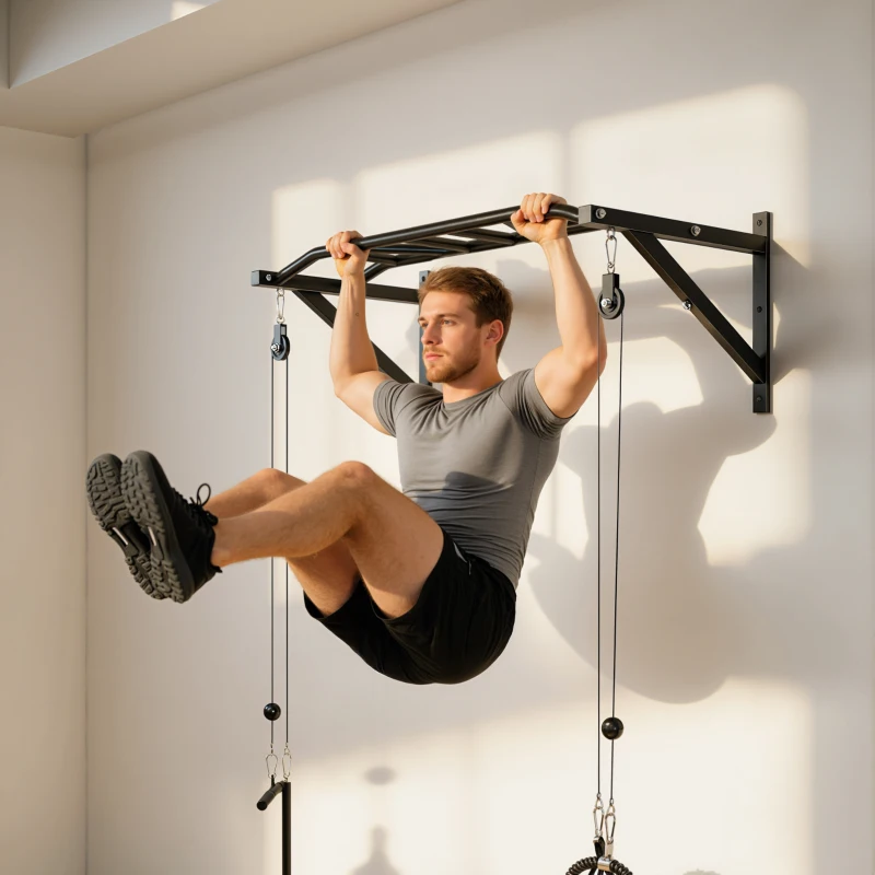 SPORTNOW Barre de traction murale barre de fitness multi-prise système de poulie à câble charge 200kg, acier 126x60x45,5cm, noir