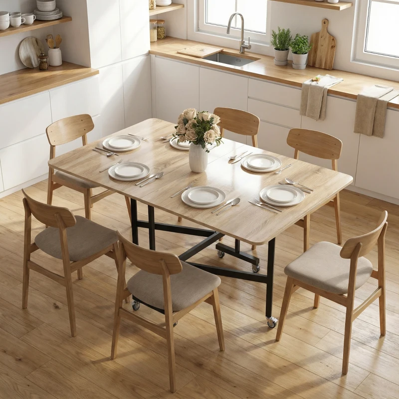 HOMCOM Tavolo Pieghevole per 4-6 Persone con 2 Ribalte e Ruote con Freno, 120x80x73 cm, Rovere