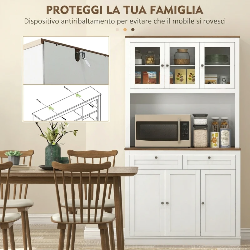 HOMCOM Credenza Cucina Alta con 4 Armadietti, 2 Cassetti e Piano Centrale, 100x40x180 cm, Bianco