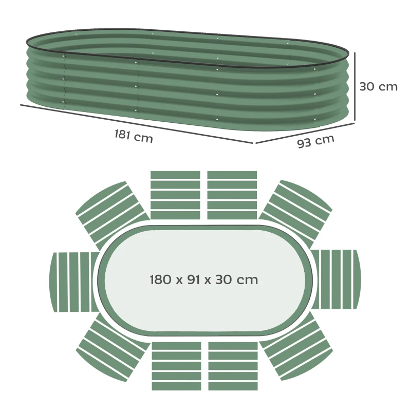 Outsunny 2-delige set verhoogde bedden voor tuin, outdoor-plantenbak met open bodem, rubberen rand, metaal, 181 x 93 x 30 cm, Groen