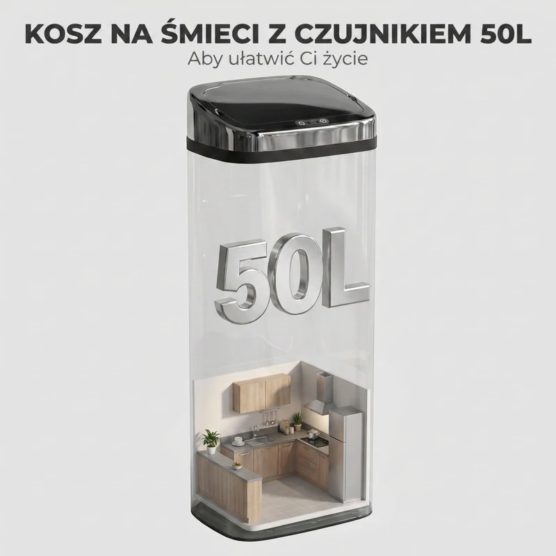 HOMCOM Kosz na śmieci z czujnikiem 50 L automatyczny kosz z czujnikiem ruchu, wodoodporny kosz na śmieci do biura, sypialni i kuchni, stal nierdzewna, kolor srebrny