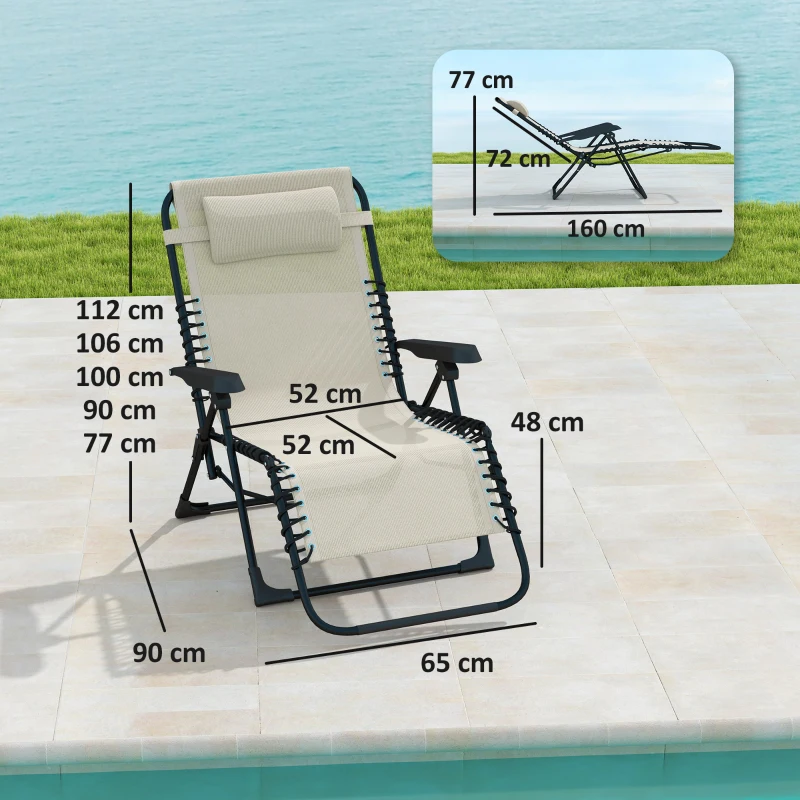 Outsunny Opvouwbare Zonneligstoel Tuinligstoel met Hoofdkussen, 5-standen Verstelbare Rugleuning tot 120 kg Belastbaar Beige
