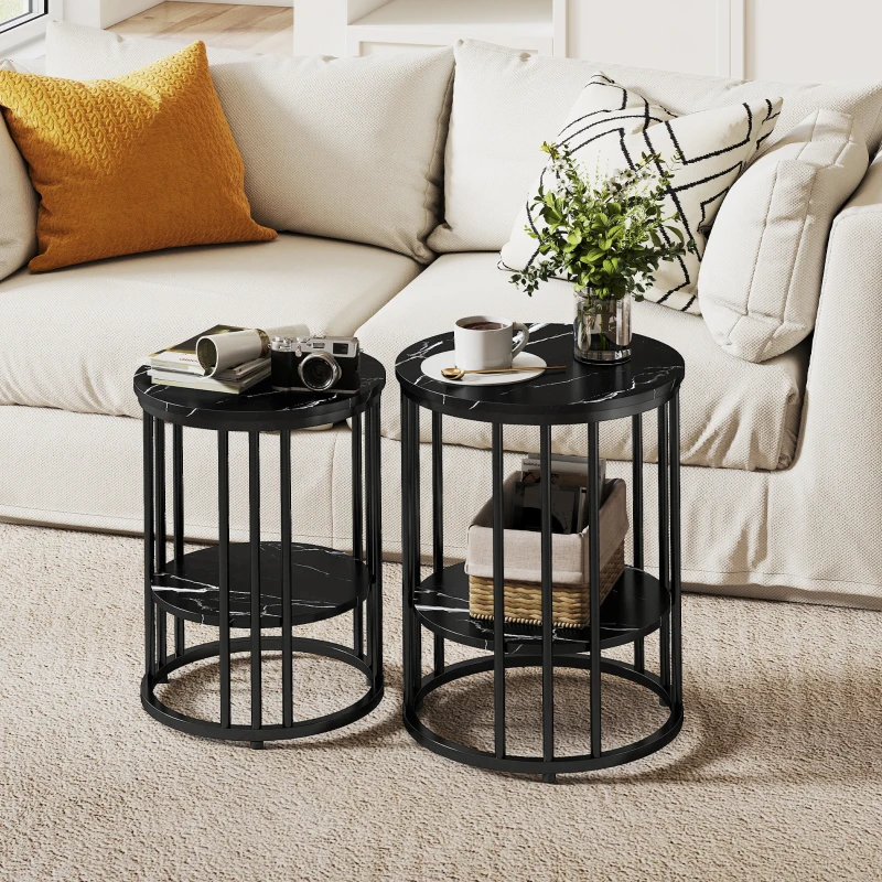 HOMCOM Set of Two Marble-Effect Coffee Tables - Black