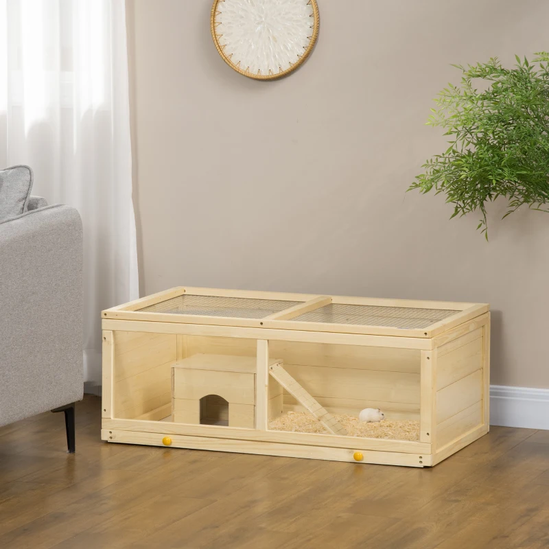 PawHut Jaula para Hámster de Madera con Techo Abatible Panel de Acrílico Bandeja Extraíble y Cabaña 100x58x38 cm Natural